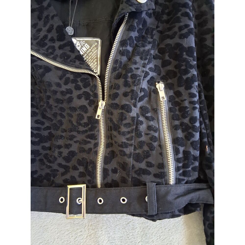 Killstar Sz Lg Claw Black Biker Cropped Jacket Flocked Leopard Print Goth New - Picture 5 of 12